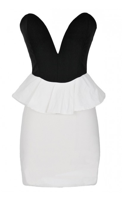 Play My Song Black and White Plunging Peplum Dress